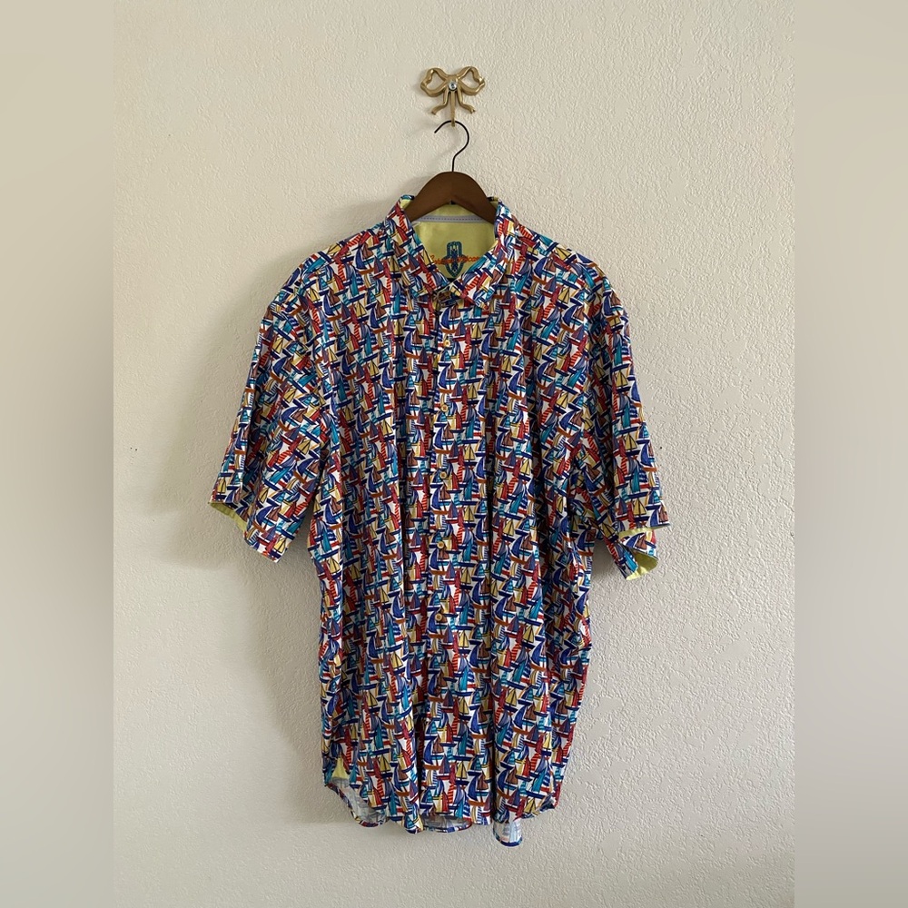 Luchiano Visconti Men’s 3XL Button Front Shirt Short Sleeve Shirt Boat Print